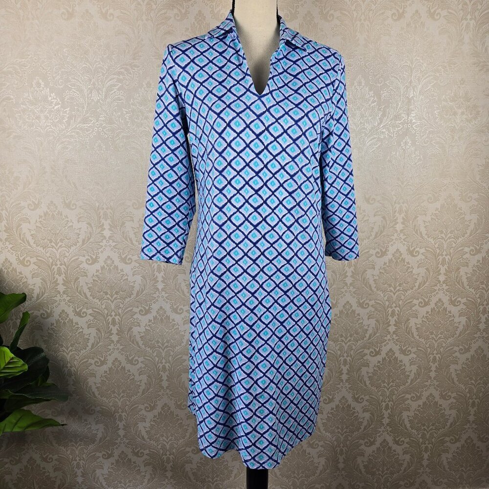 J McLaughlin Levia Catalina Blue Diamond Print Shift Dress Vneck 3/4 Sleeves